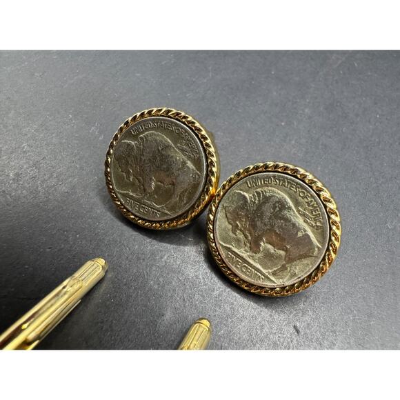 Vtg Buffalo Nickel Gold Rope Bezel Coin 1906 & 1907 Indian Head Penny Cuff Links - Picture 5 of 10